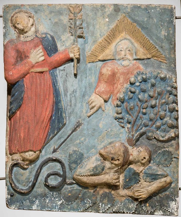 Płaskorzeźba dwustronna  Wypędzenie z raju, XVIII w., drewno polichromowane, nieznany warsztat cechowy